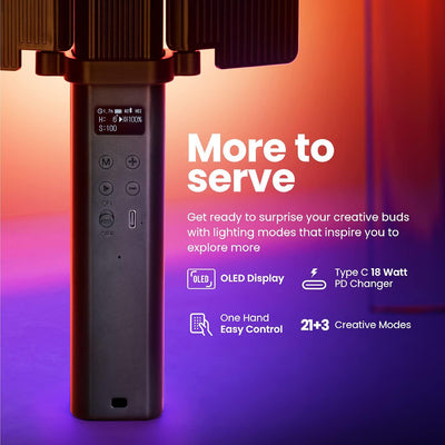 Digitek (DSL-30W RGB) Portable Handheld RGB LED Light Wand with Grid, Diffuser & Barn Door Comes with a 5200mAh Built in Battery Pack. - Digitek