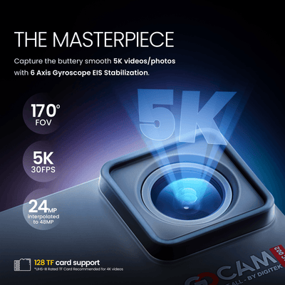 Digitek GoCAM (DAC-002) 5K 60fps 24MP WiFi Ultra HD Sports Action Camera with 2" HD Screen & External MIC Support 100 feet Waterproof (with Waterproof case) 2 x 1350mAh Battery - Digitek